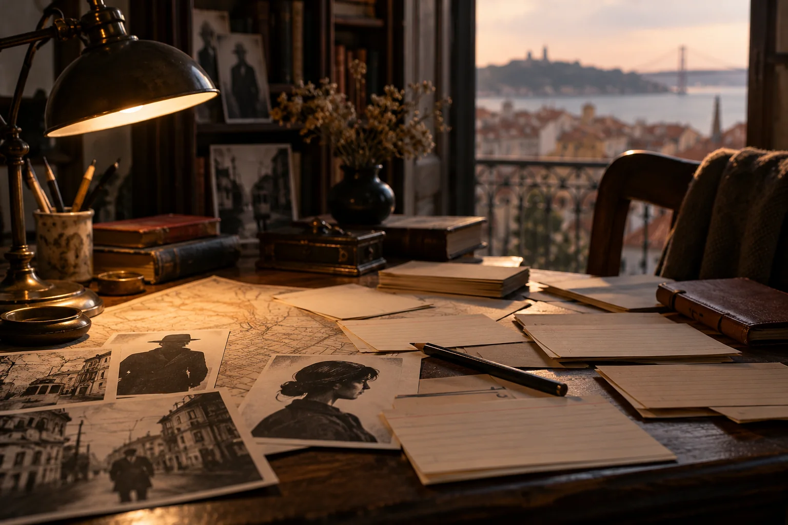 Uma mesa de investigação com mapas, fotografias e notas de personagens
